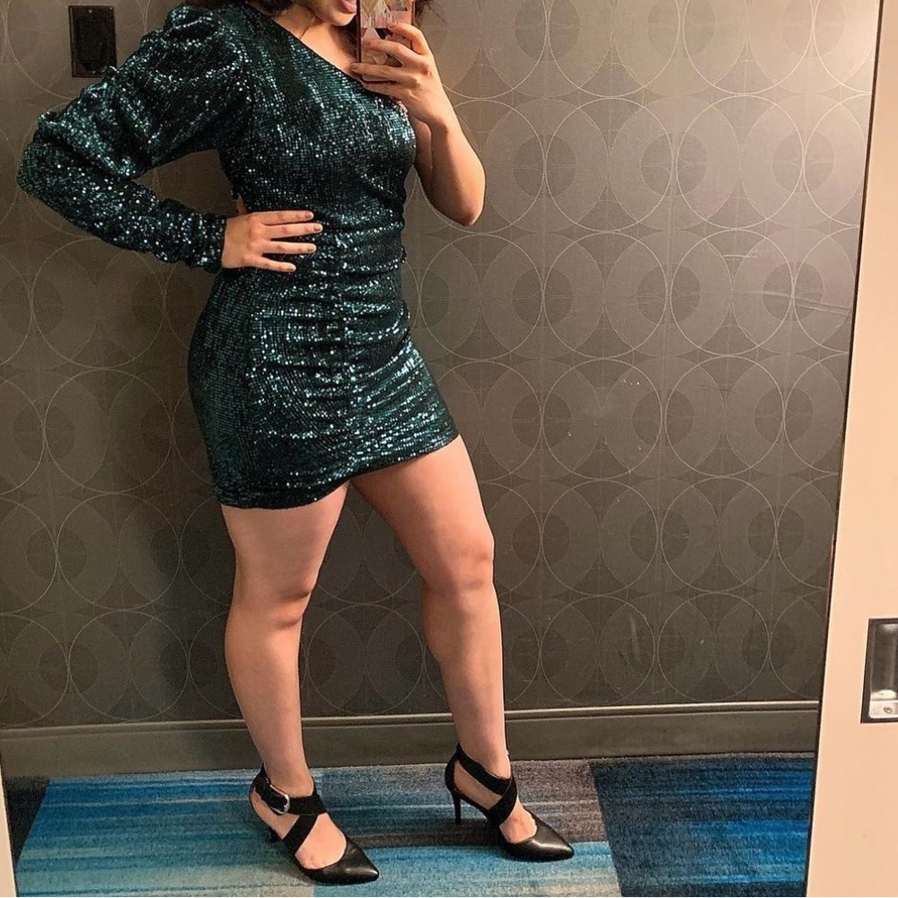 Green Sequin Puff One Sleeve Ruched Mini Dress